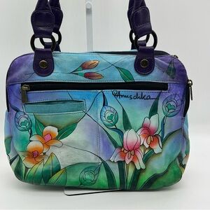 Anuschka Hand-Painted SIGNED Leather Satchel Handbag "Adria" Floral Design